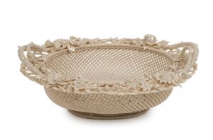 BELLEEK antique Irish woven porcelain basket with applied floral decoration, 19th century, impressed mark to base, 9cm high, 22.5cm wide