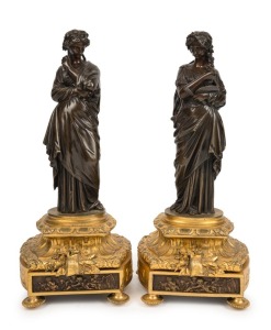 A pair of antique French bronze classical statues on fine ormolu bases, 19th century, 39cm high