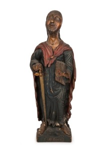 ST. PAUL antique Italian carved wood statue with polychrome finish, 18th/19th century, 68cm high