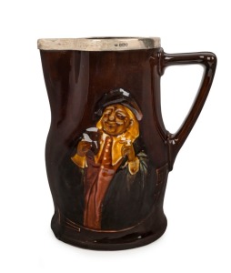 ROYAL DOULTON KINGSWARE English porcelain ale jug with sterling silver rim, 21cm high