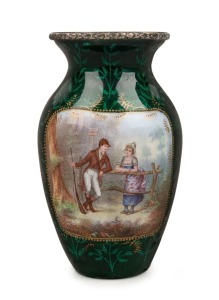 An antique French silver and green enamel vase adorned with romantic scene, 19th century, 10cm high