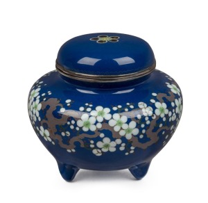 A beautiful Japanese cloisonne censer with blossoms on blue ground, interior attractively finished in gold, circa 1930, ​​​​​​​11.5cm high, 11.5cm wide