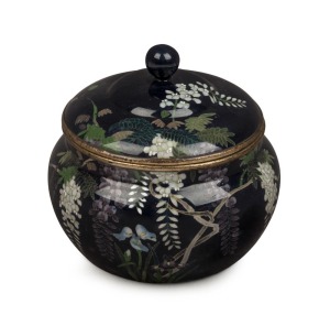 An antique Japanese cloisonne lidded box with wisteria motif, Meiji period, 19th/20th century, ​​​​​​​8cm high, 9cm wide