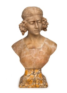 An antique carved marble and alabaster bust of a lady, late 19th century, 52cm high