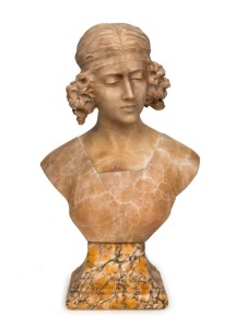 An antique carved marble and alabaster bust of a lady, late 19th century, ​​​​​​​52cm high