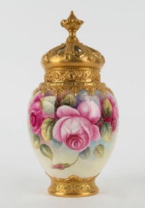 ROYAL WORCESTER English porcelain potpourri vase with hand-painted rose decoration, signed "G. BANKS" 20th century, black factory mark to base, 24cm high
