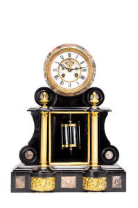 French slate & marble cased mantle clock with brass columns, open deadbeat escapement & mercury pendulum. Height 43cm
