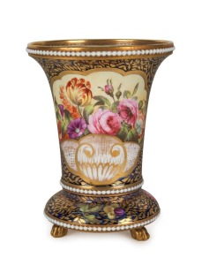 SPODE stunning antique English blue and gilt porcelain vase with pearl beaded rims and fine hand-painted floral decoration, early 19th century, signed "Spode" in iron red, 16cm high