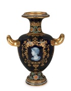 COALPORT antique English blue porcelain vase with pate-sur-pate Roman profile portrait, gilt decoration and coloured enamel highlights, 19th century, green factory mark to base, 16cm high