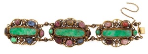 A vintage Chinese gilded filigree silver bracelet, set with carved jade and cabochon coloured stones, circa 1920s, stamped "SILVER", ​​​​​​​19cm long