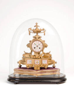 French mantle clock under glass dome, c1880s. Fine Sevres porcelain panels housed in ormolu case. Total height 49cm, width 44cm