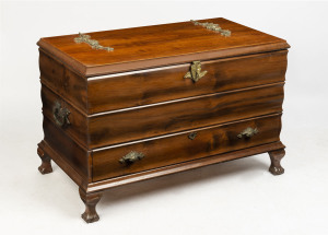 A glory box trunk, camphor wood with floral brass fittings and single drawer, early 20th century, 67cm high, 100cm wide, 56cm deep