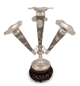 SUNG SHING antique Chinese export silver epergne with dragon decoration, mounted on a carved rosewood base, 19th century, stamped "S.S.", 43cm high, 782 grams silver weight