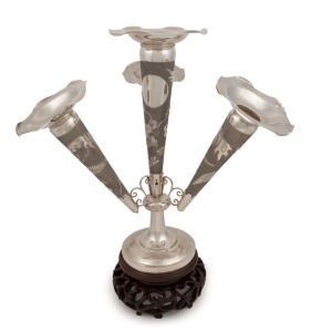 SUNG SHING antique Chinese export silver epergne with dragon decoration, mounted on a carved rosewood base, 19th century, stamped "S.S.", ​​​​​​​43cm high, 782 grams silver weight
