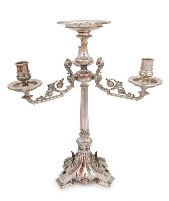 An antique English silver plated candelabra centrepiece with seahorse decoration, 19th century, 51cm high