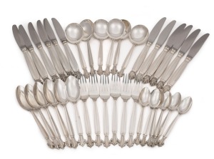 GEORG JENSEN "Acanthus" pattern Danish sterling silver cutlery set for six places, including original brochure and cloth bags, mid 20th century, (36 items) oval factory marks, 998 grams silver weight (not including knives)