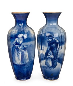 ROYAL DOULTON "Blue Children" impressive pair of English porcelain mantle vases, stamped "Royal Doulton, England", 43cm high