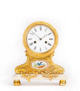 French mantle clock: Ormolu mounted on marble base with Servre porcelain oval panel. Height 28cm, width 24cm