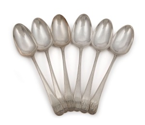 HESTER BATEMAN set of six sterling silver serving spoons, made in London, circa 1769, marks and feathered edging a little rubbed but rare as a set of six. 22cm long, 398 grams total