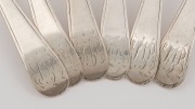 HESTER BATEMAN set of six sterling silver serving spoons, made in London, circa 1769, marks and feathered edging a little rubbed but rare as a set of six. 22cm long, 398 grams total - 2