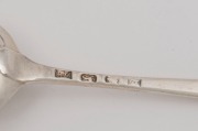 HESTER BATEMAN set of six sterling silver serving spoons, made in London, circa 1769, marks and feathered edging a little rubbed but rare as a set of six. 22cm long, 398 grams total - 3