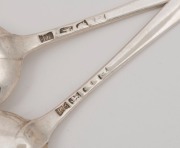 HESTER BATEMAN set of six sterling silver serving spoons, made in London, circa 1769, marks and feathered edging a little rubbed but rare as a set of six. 22cm long, 398 grams total - 4