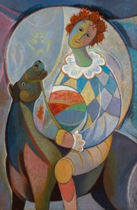 DAN MAZZOTTI (1925-2008), (untitled circus figure on horse), oil on board, signed lower left "Mazzotti, '87", ​​​​​​​87 x 58cm, 99 x 69cm overall 