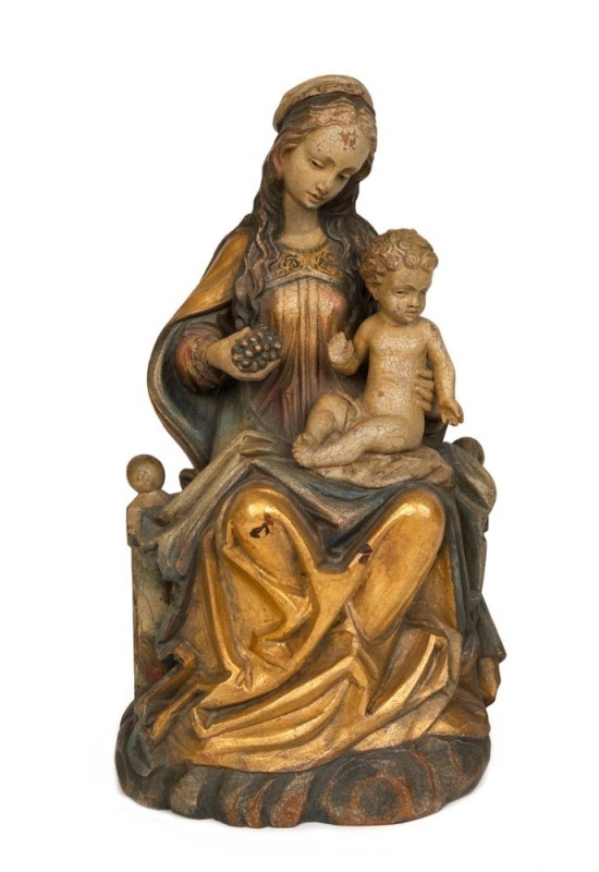 An antique Continental statue of the Virgin Mother and Child, carved wood with polychrome finish, 19th/20th century, ​​​​​​​52cm high