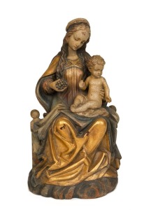 An antique Continental statue of the Virgin Mother and Child, carved wood with polychrome finish, 19th/20th century, 52cm high