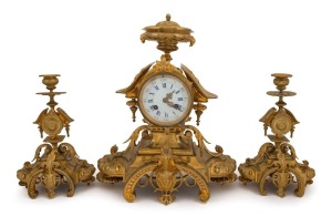 An antique French three piece clock set with ornate ormolu case, 8 day time and strike movement and Roman numerals on enamel dial, 19th century, ​​​​​​​40cm high