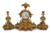 An antique French three piece clock set with ornate ormolu case, 8 day time and strike movement and Roman numerals on enamel dial, 19th century, ​​​​​​​40cm high