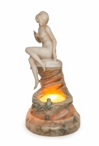 An antique Italian carved marble figural lamp with frog and pond, early 20th century, signed (illegible), ​​​​​​​44cm high