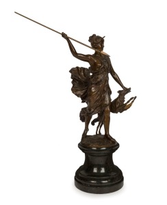 DIANA THE HUNTRESS antique bronze statue on black marble base, 19th century, 46cm high including spear