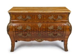 A French kingwood commode with Sienna marble top and ormolu mounts, mid 20th century, 86cm high, 120cm wide, 54cm deep