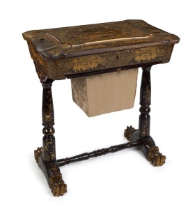 An antique Chinese Cantonese export ware sewing table with black lacquered and gilt decoration, dragon feet, wall bag and fitted interior, 19th century, 72cm high, 65cm wide, 43cm deep