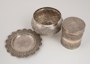 Malay silver tea caddy, dish and rose bowl, 20th century, (3 items), the caddy 9cm high, 240 grams total