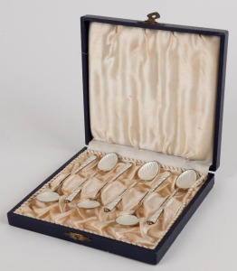 Set of six Danish sterling silver, enamel and gilt finished coffee spoons in original box, 20th century, ​​​​​​​the box 13.5cm wide