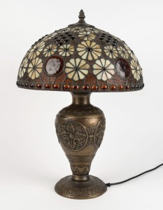 A metal table lamp with lead light shade, 20th century, 50cm high 