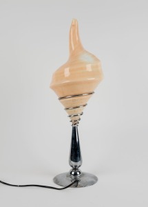 A chrome table lamp with conch shell shade, 57cm high overall