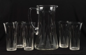 An Art Deco etched glass water jug and five high ball glasses, circa 1930, the jug 23.5cnm high