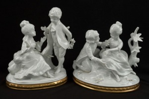 UNTERWEISSBACH pair of German white porcelain romantic figural groups with gilt decoration to bases, blue factory mark, 14cm high