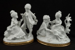 UNTERWEISSBACH pair of German white porcelain romantic figural groups with gilt decoration to bases, blue factory mark, 14cm high