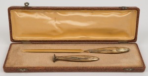 A vintage French letter opener and seal in original fitted case, early 20th century, the case 26cm wide