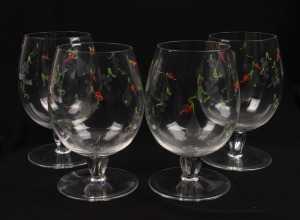 Four vintage wine glasses with etched fruit decoration and enamel highlights, early to mid 20th century, ​​​​​​​13cm high