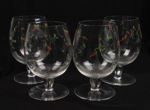 Four vintage wine glasses with etched fruit decoration and enamel highlights, early to mid 20th century, 13cm high