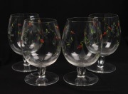 Four vintage wine glasses with etched fruit decoration and enamel highlights, early to mid 20th century, ​​​​​​​13cm high