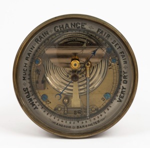 An antique English aneroid wall barometer in brass case, 19th century, 13.5cm diameter