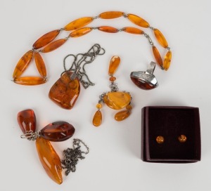 Assorted amber jewellery including ring, pendants, necklaces, brooch and earrings (6 items)