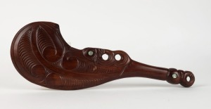 WAHAIKA Maori club, carved wood and paua shell, 20th century, 40cm long