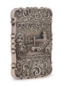 NATHANIEL MILLS "WARWICK" castle top, antique English sterling silver card case, stamped "N.M.", Birmingham, mid 19th century, 9cm high, 50 grams